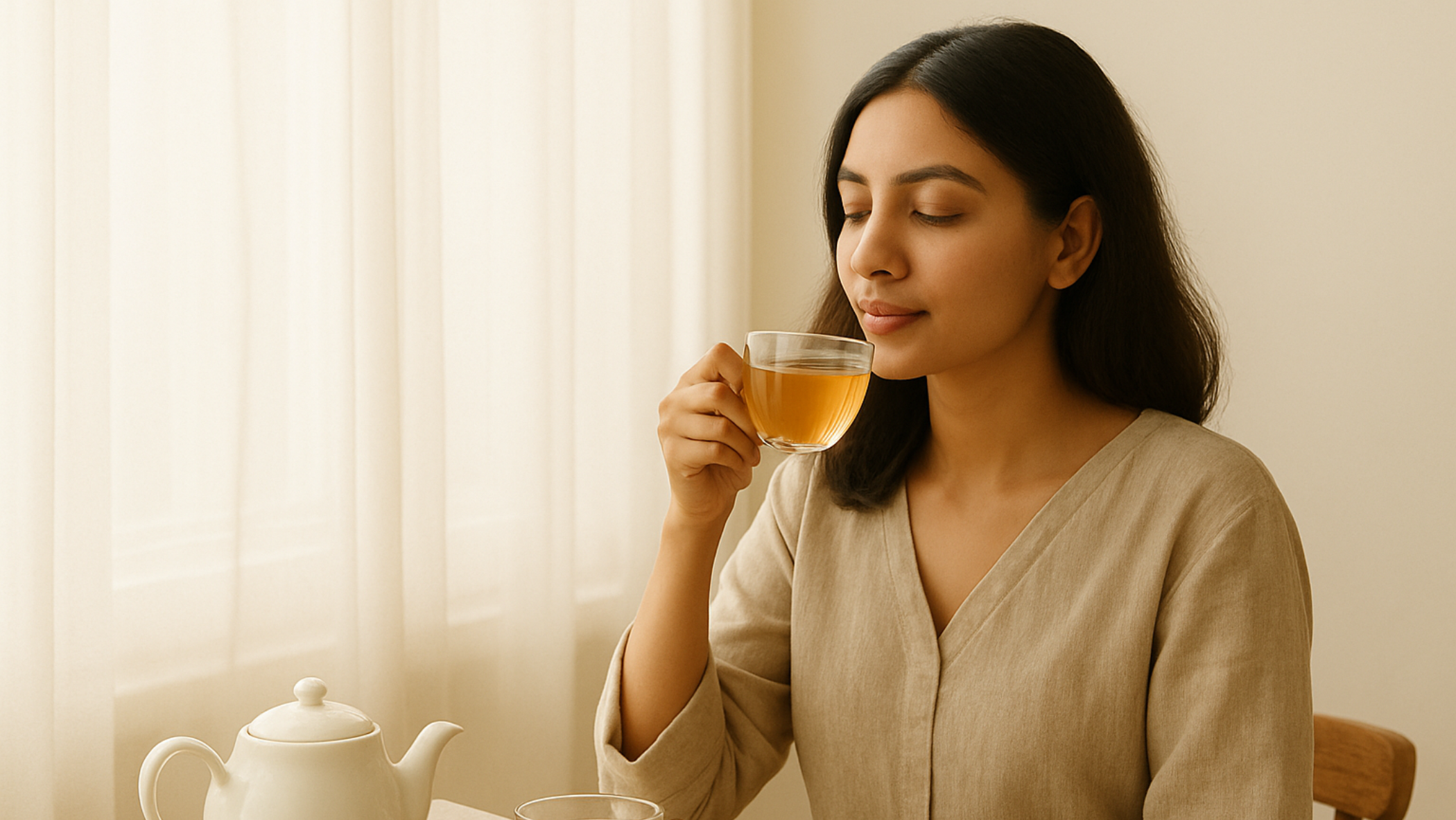 Woman drinking tea from a cup in a cozy setting